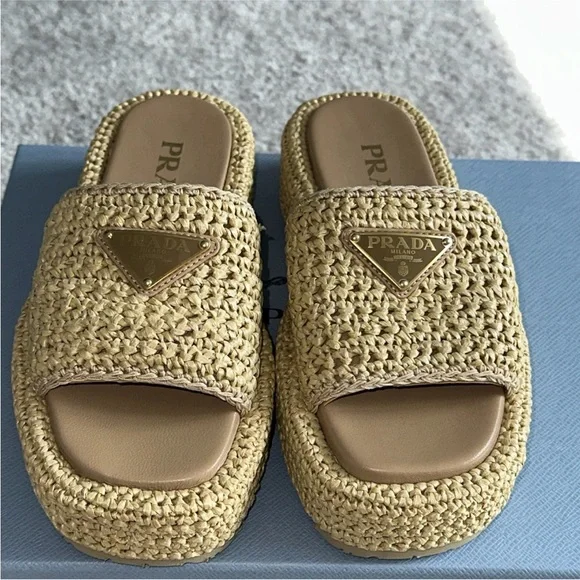 Prada Crochet Flatform Slides Sz 35 Beige Nude Brand New in Box with Receipt - Picture 14 of 16